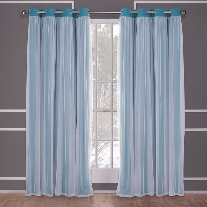 Set of 2 (63"x52") Caterina Layered Solid Blackout with Sheer Top Curtain Panels Blue Blue - Exclusive Home