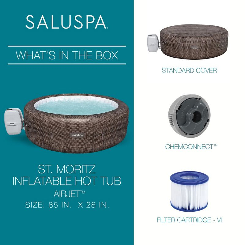 Bestway SaluSpa St. Moritz AirJet 2 to 7 Person Inflatable Hot Tub Round Portable Outdoor Spa with 180 Soothing AirJets and Cover, Brown