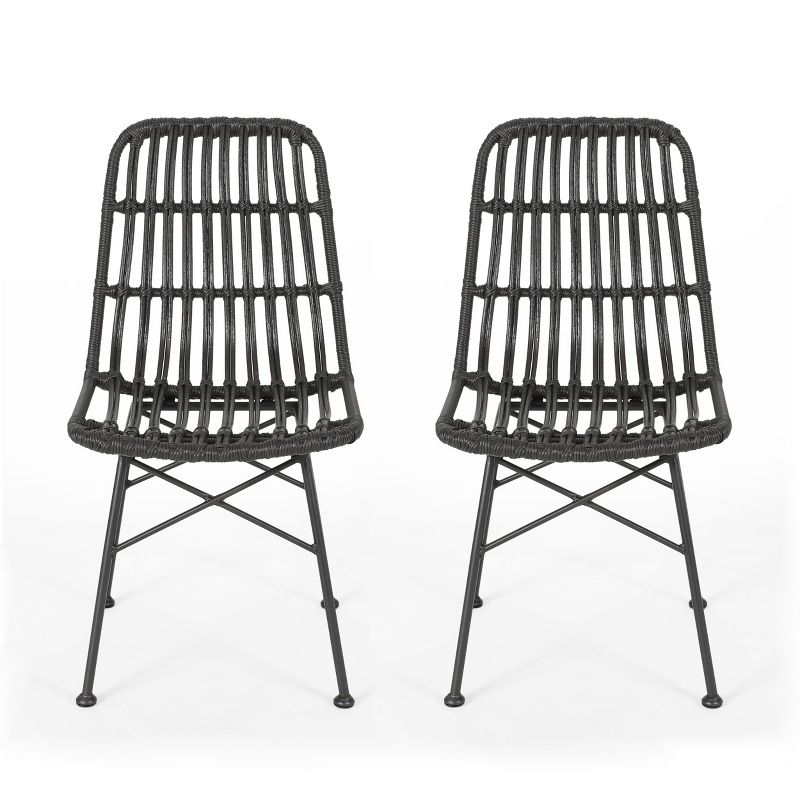 GDFStudio Braymer Outdoor Wicker and Iron Dining Chairs (Set of 2), Gray