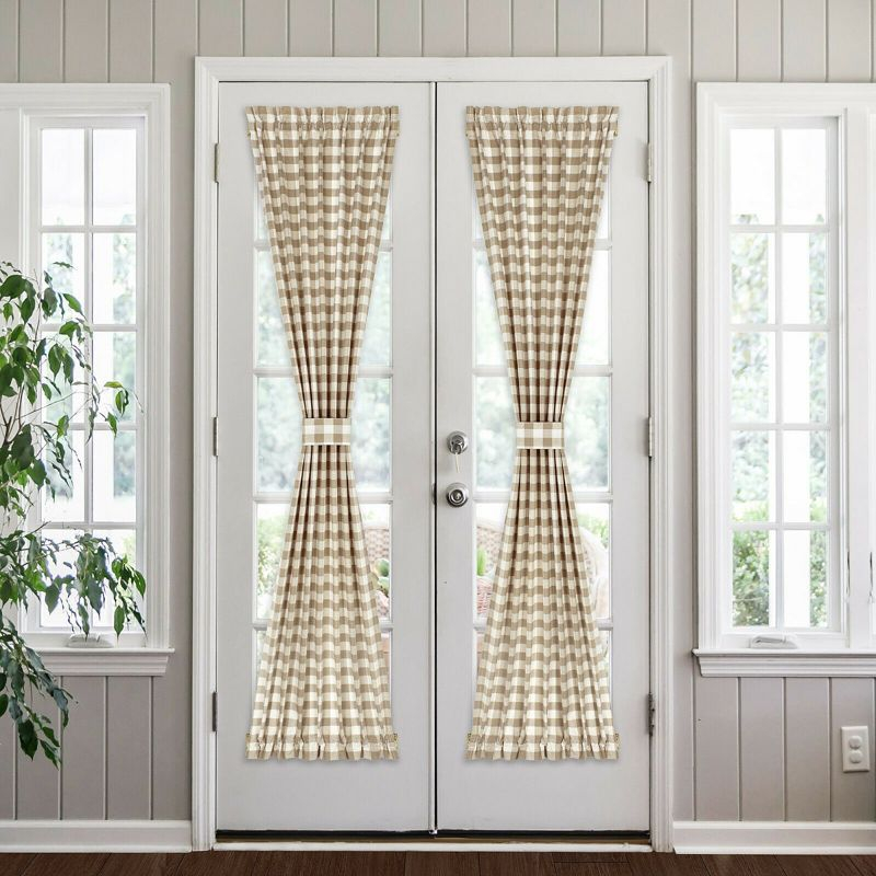 Kate Aurora Plaid Country Farmhouse French Door Curtain Panel With Matching Tieback - 25W x 40L, Linen