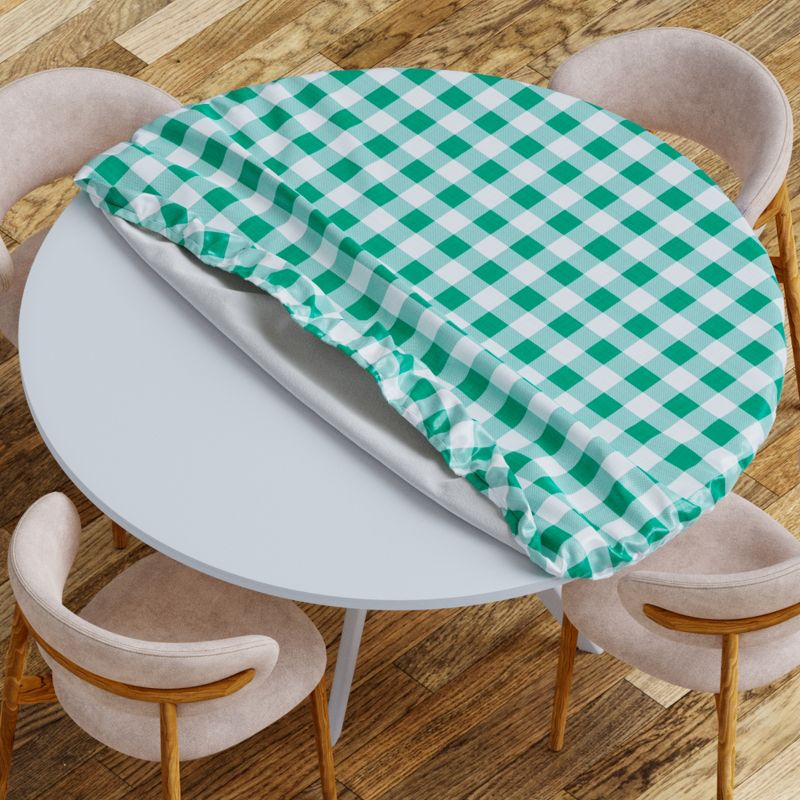 Round Tablecloth -Fitted with Elastic, Vinyl with Flannel Back, 30” Round Green Checked Design,- By Sorfey