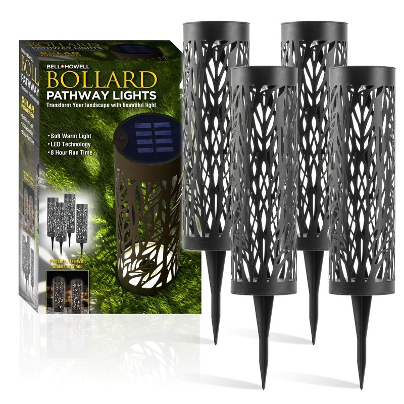 Bell + Howell Black Bollard Pathway Lights Solar Powered - Pack of 4