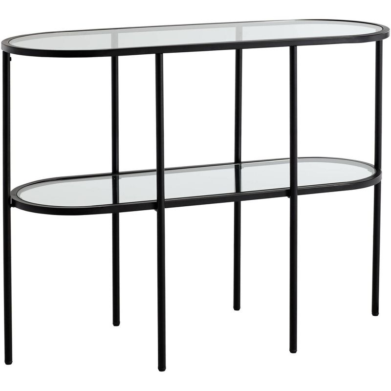 Studio 55D Remy Modern Metal Oval 2-Tier Console Table 40" x 15" with Storage Sandy Black Clear Glass Tabletop for Living Room