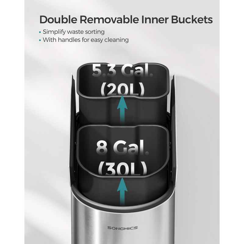 SONGMICS 13-Gal ( 50L ) Dual Kitchen Trash Can,Garbage Can with Wing Lids, Stainless Steel, Soft Close, Inner Buckets, with 15 Trash Bags, Silver