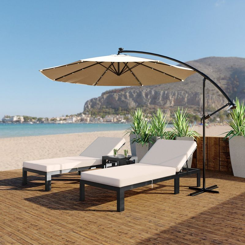 LeisureMod Chelsea Modern Outdoor Chaise Lounge Chair Set with Side Table, Black Aluminum – Set of 2 in Beige