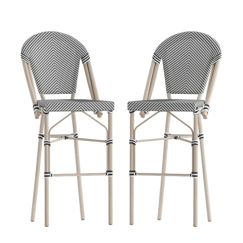 Emma & Oliver Massalia Set of 2 Indoor/Outdoor Bistro 30" High Barstools, Commercial Grade, Black/White and Light Bamboo Finish