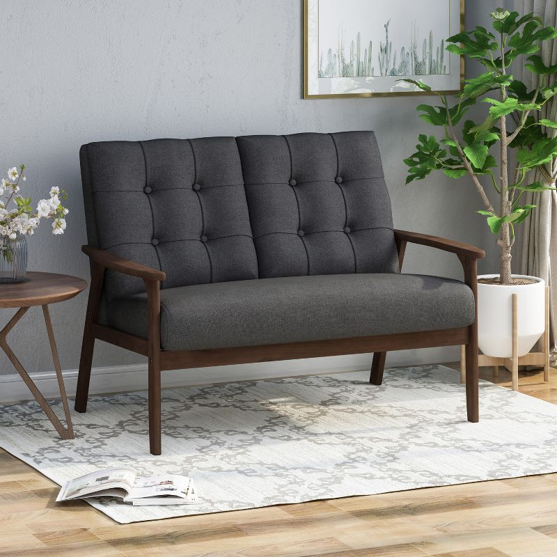 GDFStudio Norwood Mid-Century Modern 45.60" Upholstered and Rubberwood Loveseat, Charcoal Gray/Walnut