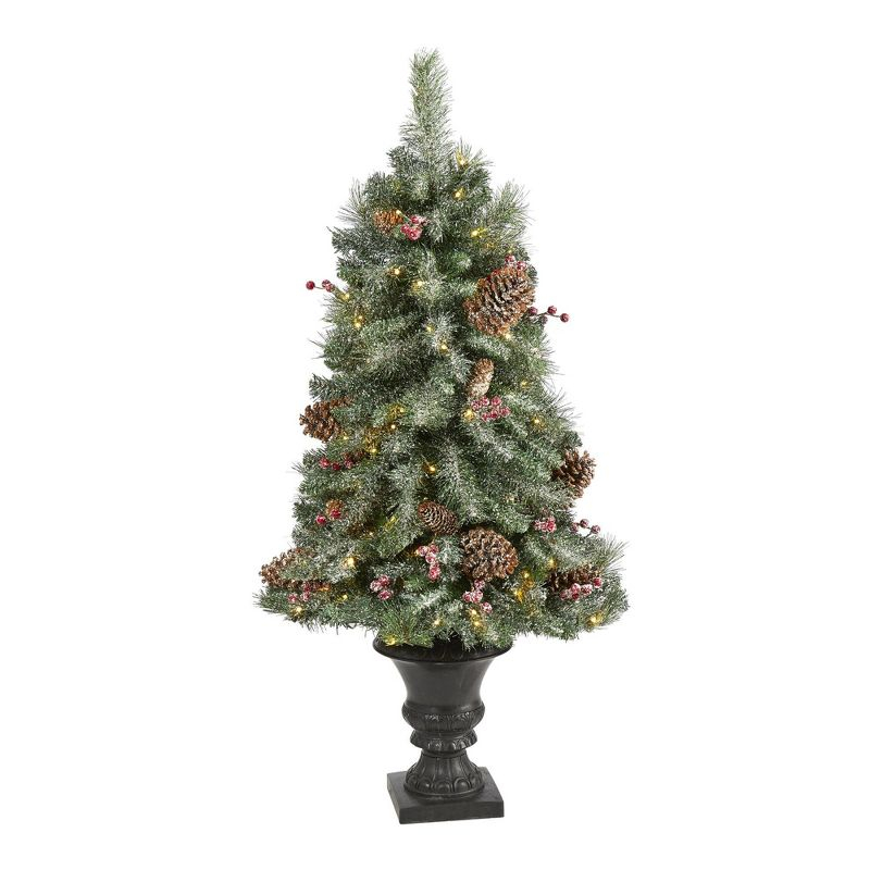 Nearly Natural 4’ Frosted Pine, Pinecone and Berries Prelit LED Artificial Christmas Tree in Decorative Urn