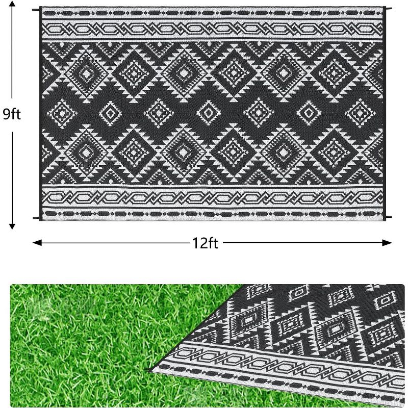 Reversible Mats, Plastic Straw Rug, Modern Area Rug, Large Floor Mat for Outdoors, RV, Patio, 9*12ft/black white: UV Protected, Quick Dry, All-Weather