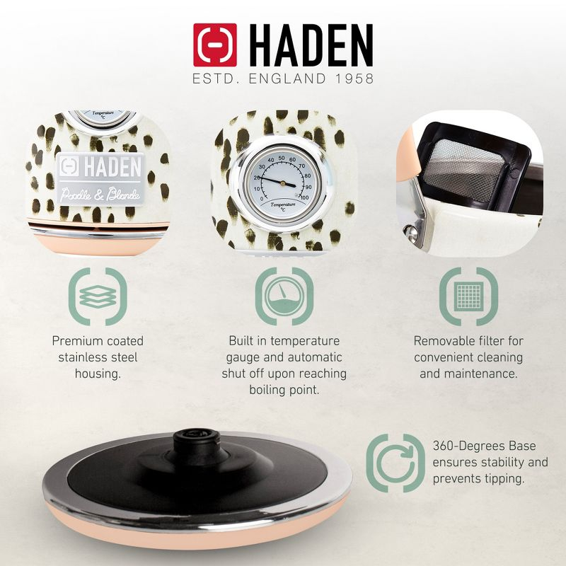 Haden Margate Poodle and Blonde Electric Kettle 1.7 Liter Cordless Stainless Steel with Tottenham Dalmatian Print and Auto Shut Off, Multicolor