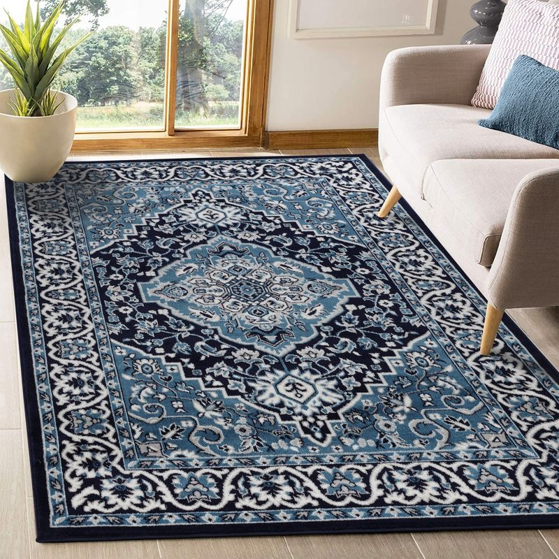 Traditional Vintage Medallion Floral Scroll Indoor Area Rug, 5'x8', Blue - Blue Nile Mills