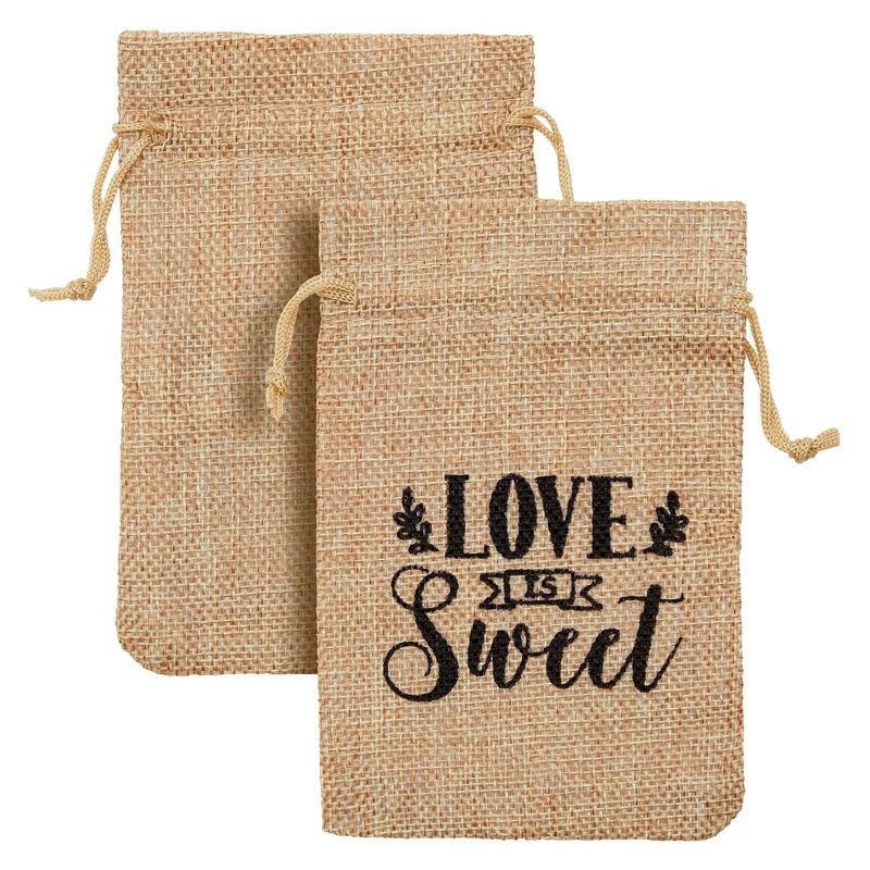Sparkle and Bash 30 Pack Small Burlap Gift Bags with Drawstring for Wedding Party Favors, Jewelry, Love Is Sweet, 4 x 6 In