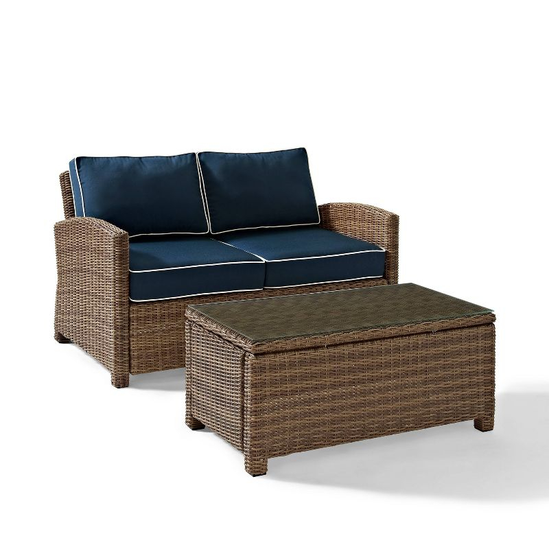 Bradenton 2pc Outdoor Wicker Conversation Set - Navy - Crosley: Steel Frame, UV-Resistant, with Coffee Table