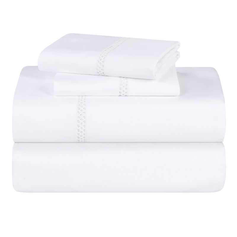 Cotton Cross-Stitch Embroidered Sheet Set, Twin Extra Long (XL), White-White - Blue Nile Mills