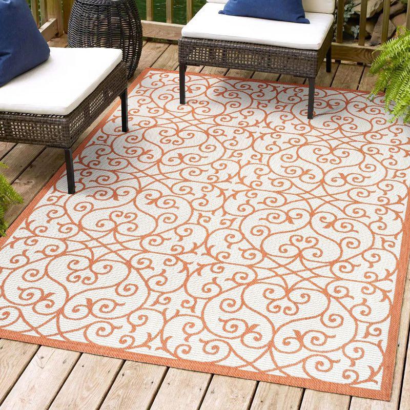 4' x 6' Madrid Vintage Filigree Textured Weave Indoor/Outdoor Area Rug, Cream/Orange - JONATHAN Y