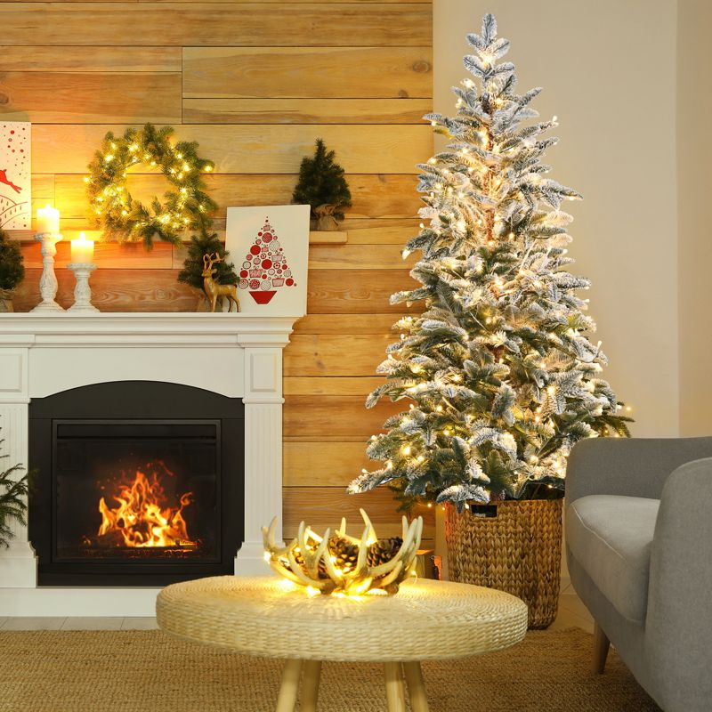 Tangkula 6ft Artificial Snow Flocked Pencil Christmas Tree Pre-Lit Faux-Pine Tree W/250 Warm White LED Lights