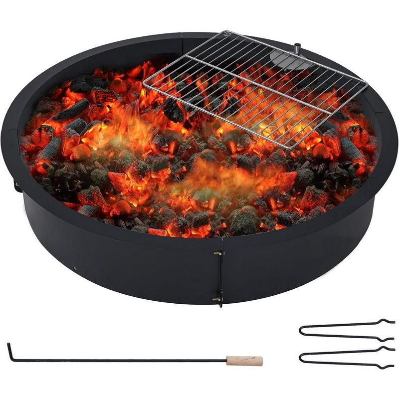 36 inch Outdoor Fire Pit Liner Round Solid Steel Fire Ring with Cooking Grate
