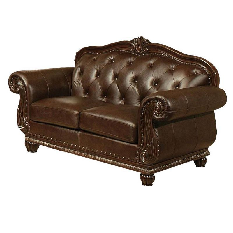 70" Anondale Sofa Espresso Top Grain Leather Match and Cherry Finish - Acme Furniture: Luxurious Loveseat, Nailhead Trim, Includes Accent Pillow