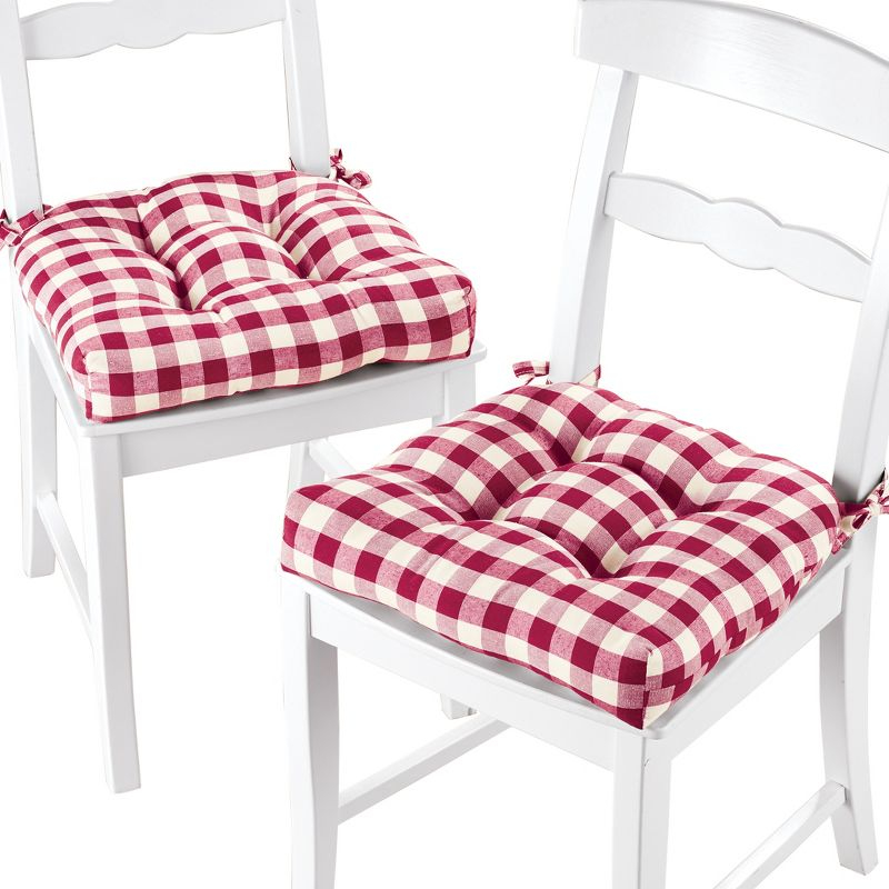 Kate Aurora Set of 2 Country Farmhouse Plaid Stain/Water Resistant Chair Cushions - Burgundy