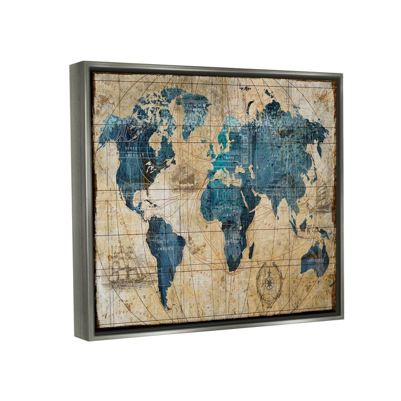 Stupell Industries Vintage Abstract World Map Design Gray Floater Framed Canvas Wall Art, 16 x 20