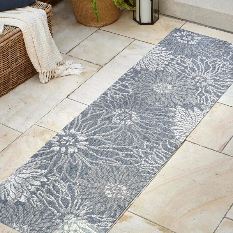 2' x 8' Bahamas Modern All-Over Floral Indoor/Outdoor Runner Rug, Navy/Gray - JONATHAN Y