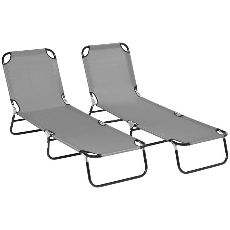 Outsunny Folding Chaise Lounge Pool Chairs, Set of 2 Outdoor Sun Tanning Chairs, Five-Position Reclining Back, Steel Frame & Oxford Fabric, Dark Gray