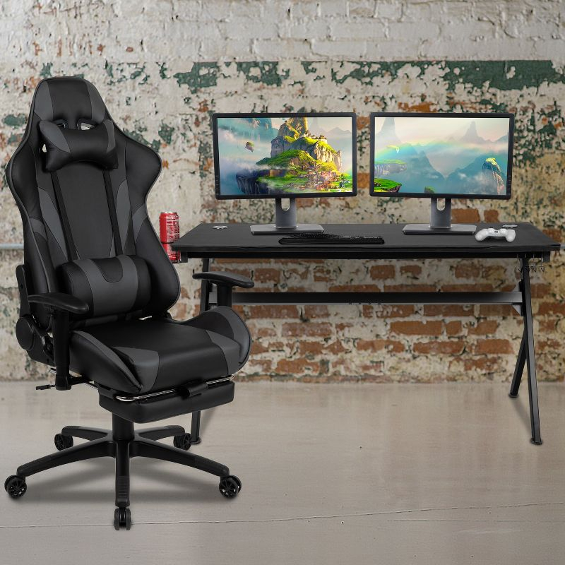 Flash Furniture Gaming Desk and Gray Footrest Reclining Gaming Chair Set - Cup Holder/Headphone Hook/Removable Mouse Pad Top/Wire Management
