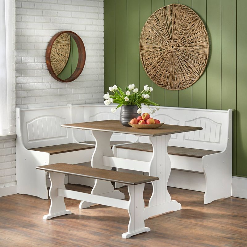 Buylateral 3pc Washington Farmhouse Solid Wood Breakfast Nook Dining Set White/Dark Walnut: L-Shaped, Solid Pine, Storage Bench