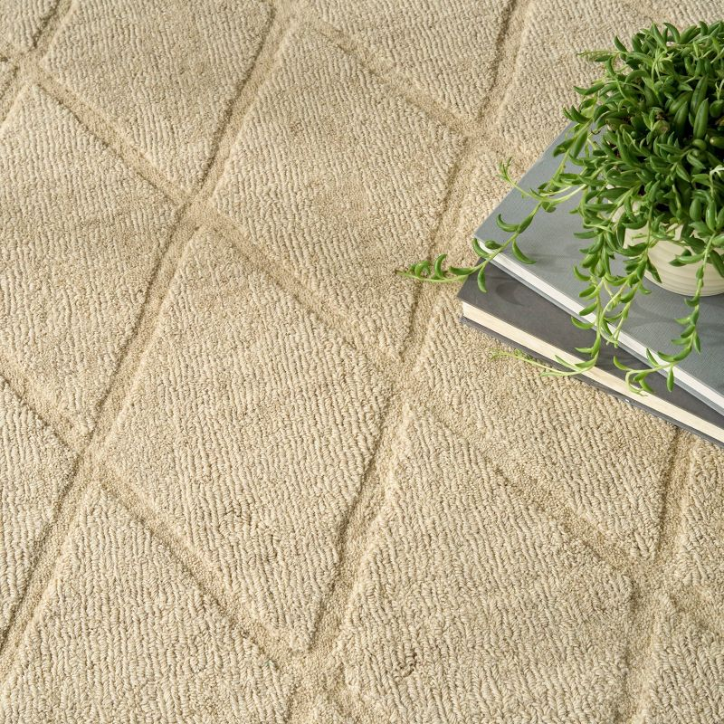 Nourison 5'3"x7'3" Wool Haven Modern Handwoven Area Rug Beige: Geometric Diamond Pattern, Medium Pile, Hand-Carved