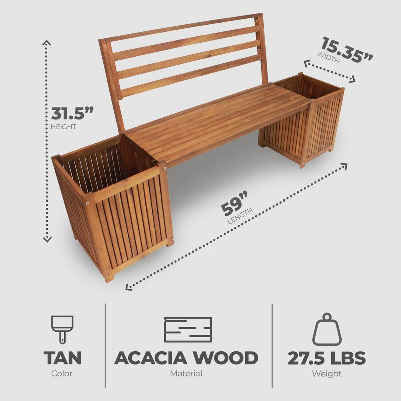 Leigh Country Multifunctional Durable Stained Finish Hardwood Bench with Planter Boxes, Hardware, and 350 Pound Weight Capacity, Tan