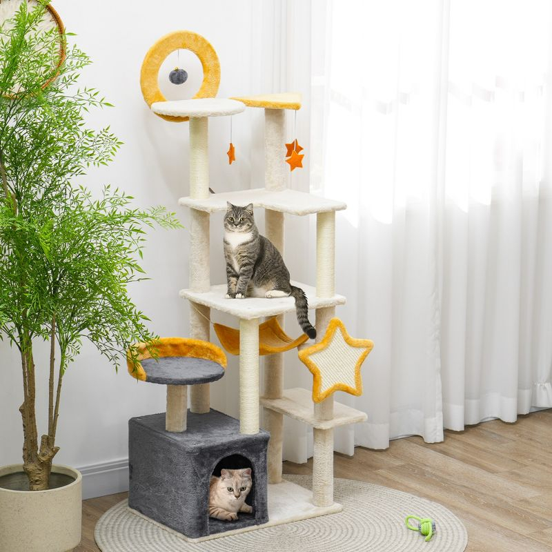 PawHut Cat Tree, 63 Inch Moon and Star Themed Cat Tower with Scratching Post, Hammock, Condo, Bed, Scratching Board & Cat Toys, Beige