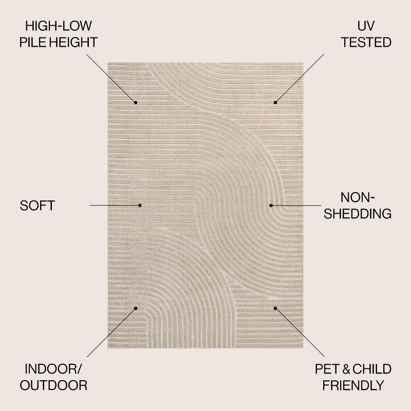 JONATHAN Y Hallie High-Low Minimalist Curve Geometric Beige/Cream 4 ft. x 6 ft. Indoor/Outdoor Area Rug