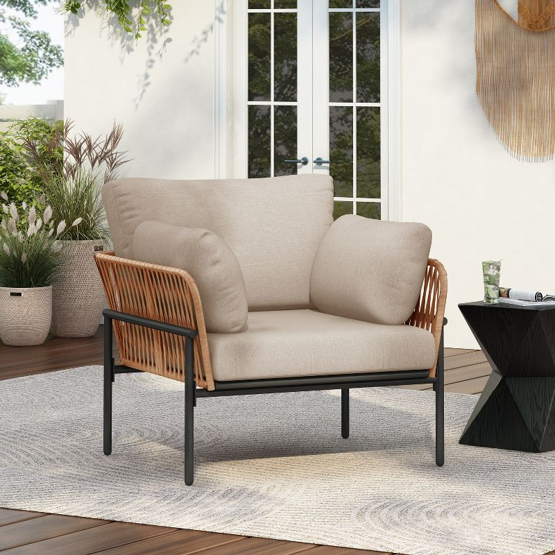 Christopher Knight Home Alma 36" Outdoor Rattan Weave Iron Club Chair with Plush Cushions, Natural