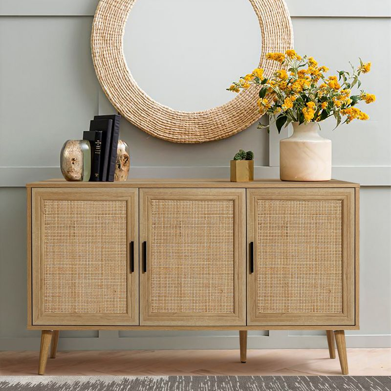 LuxenHome Rattan Buffet Cabinet with Storage, 47" Light Oak Finish Wood Accent Sideboard Cabinet with 3-Door, Boho Coffee Bar Console Table