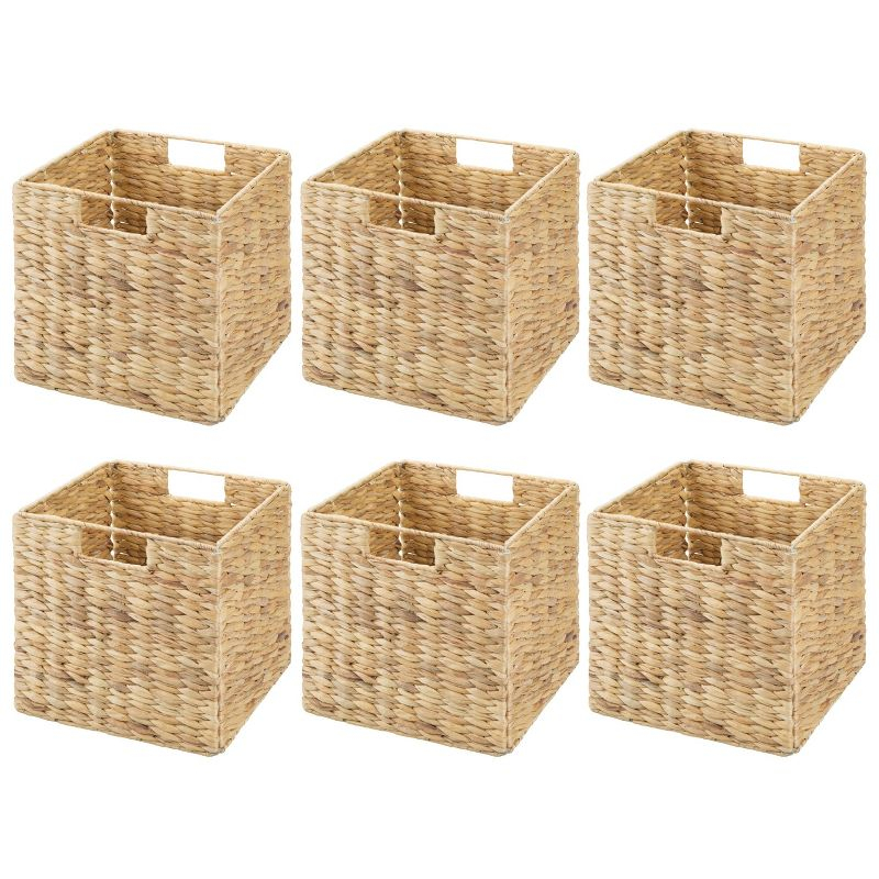 mDesign Hyacinth Woven Cube Bin Basket Organizer, Handles, 6 Pack, Natural/Tan
