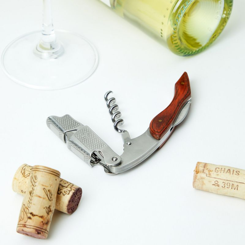 True Sommelier Waiter Corkscrew Spring Loaded Double Lever Wine Opener Waiters Bartender Accessory, Stainless Steel and Wood, Set of 1