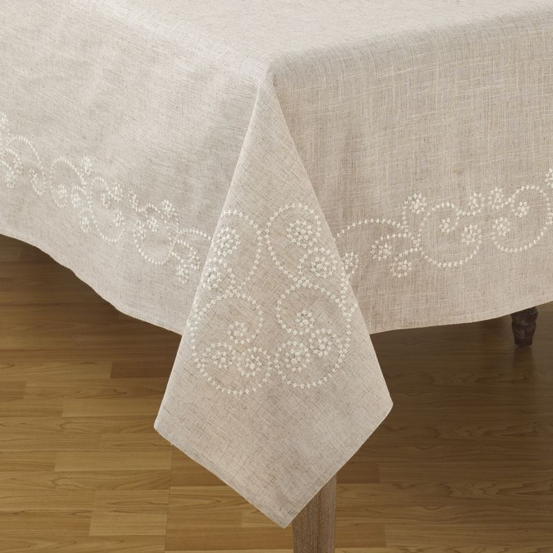 Saro Lifestyle Embroidered Swirl Natural Linen Blend Tablecloth, Natural, 67"x140",