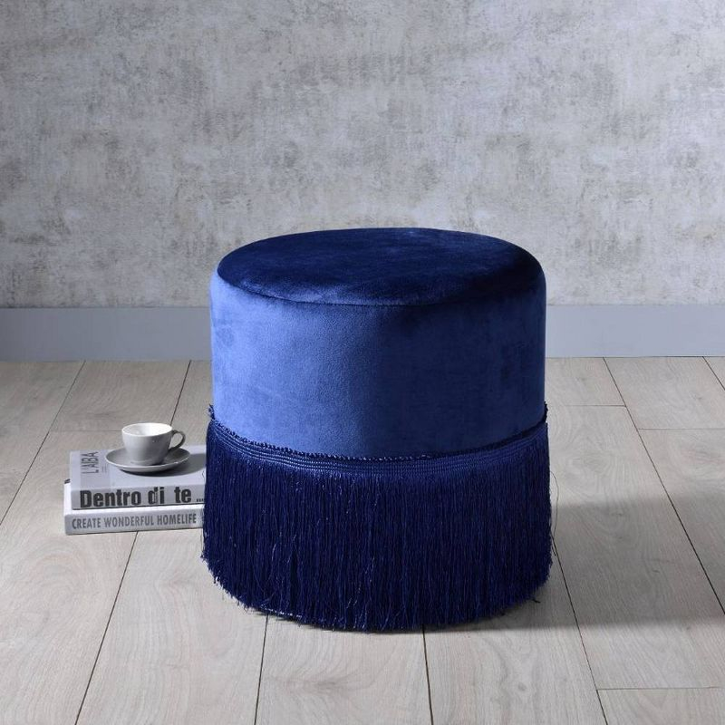 17" Clivia Velvet Ottoman Midnight Blue - Acme Furniture: Cylindrical, Fringe Base, No Assembly