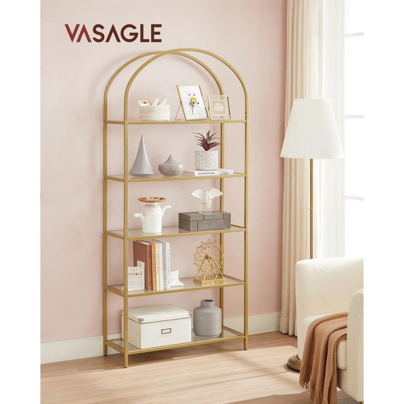 VASAGLE 5-Tier Bookshelf, 32.7 x 72.2inch, Display Storage Shelf, Tempered Glass Shelving Unit with Metal Frame, for Bedroom, Living Room, Gold