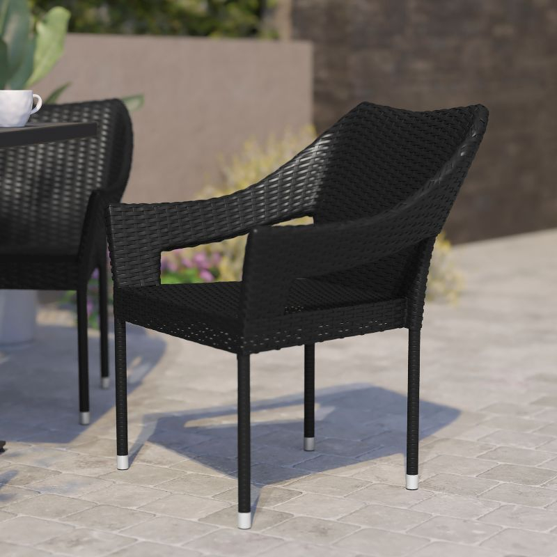 Flash Furniture Ethan Commercial Grade Stacking Patio Chair, All Weather PE Rattan Wicker Patio Dining Chair in Black