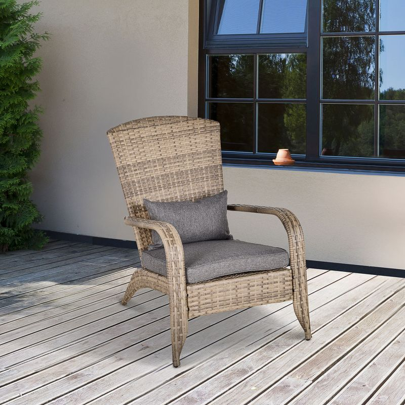 Outsunny Patio Adirondack Chair with All-Weather Rattan Wicker, Soft Cushions, Tall Curved Backrest for Deck or Garden, Light Gray