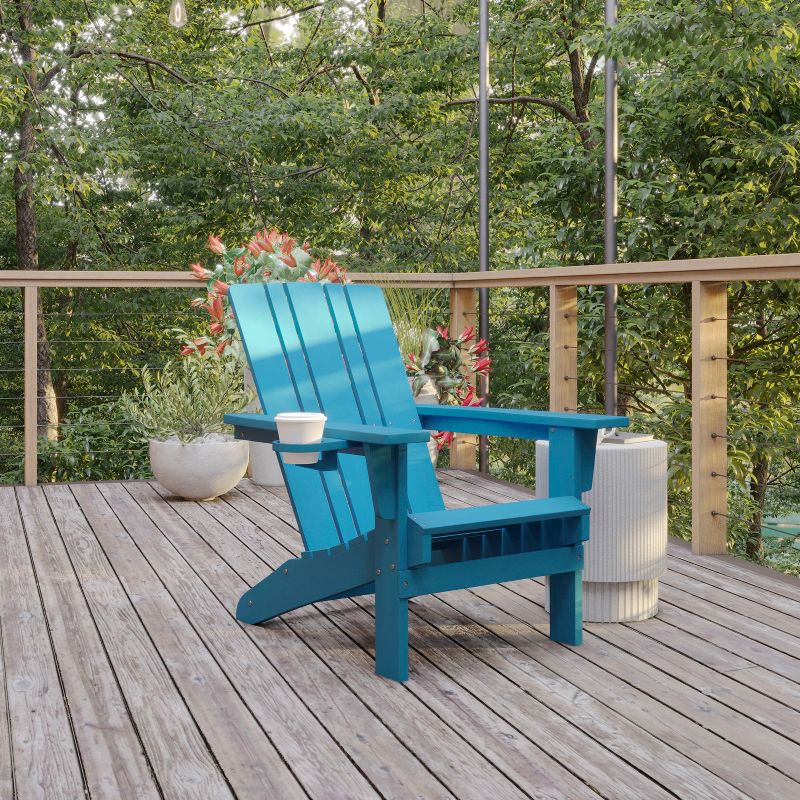 Flash Furniture Halifax Adirondack Chair with Cup Holder, Weather Resistant HDPE Adirondack Chair in Blue