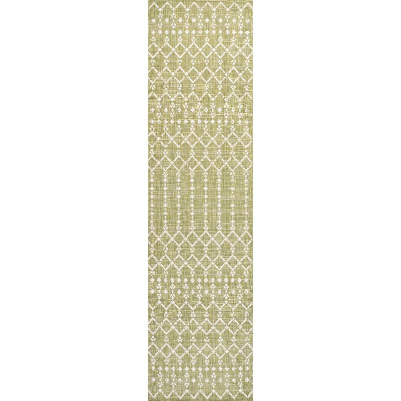 2' x 10' Ourika Moroccan Geometric Textured Weave Indoor/Outdoor Runner Rug, Light Green/Cream - JONATHAN Y