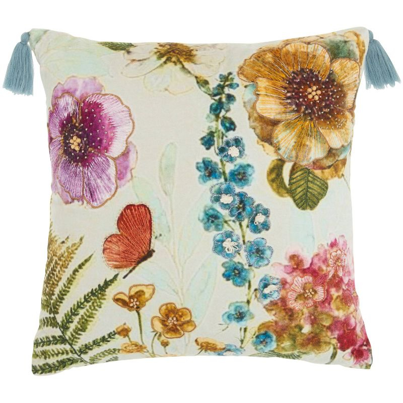 18"x18" Sofia Embellished Floral Garden Square Throw Pillow - Mina Victory: Handmade, Embroidered, Indoor Decor