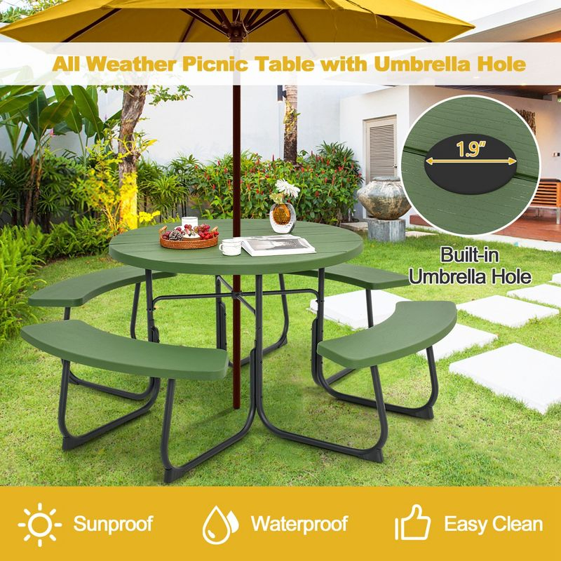 Costway Outdoor 8-person Round Picnic Table Bench Set with 4 Benches & Umbrella Hole Green