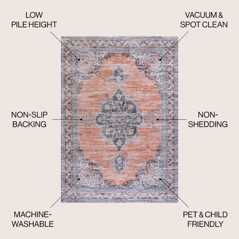 Wincer Chenille Cottage Medallion Machine-Washable Orange/Gray 5 ft. x 8 ft. Area Rug - JONATHAN Y