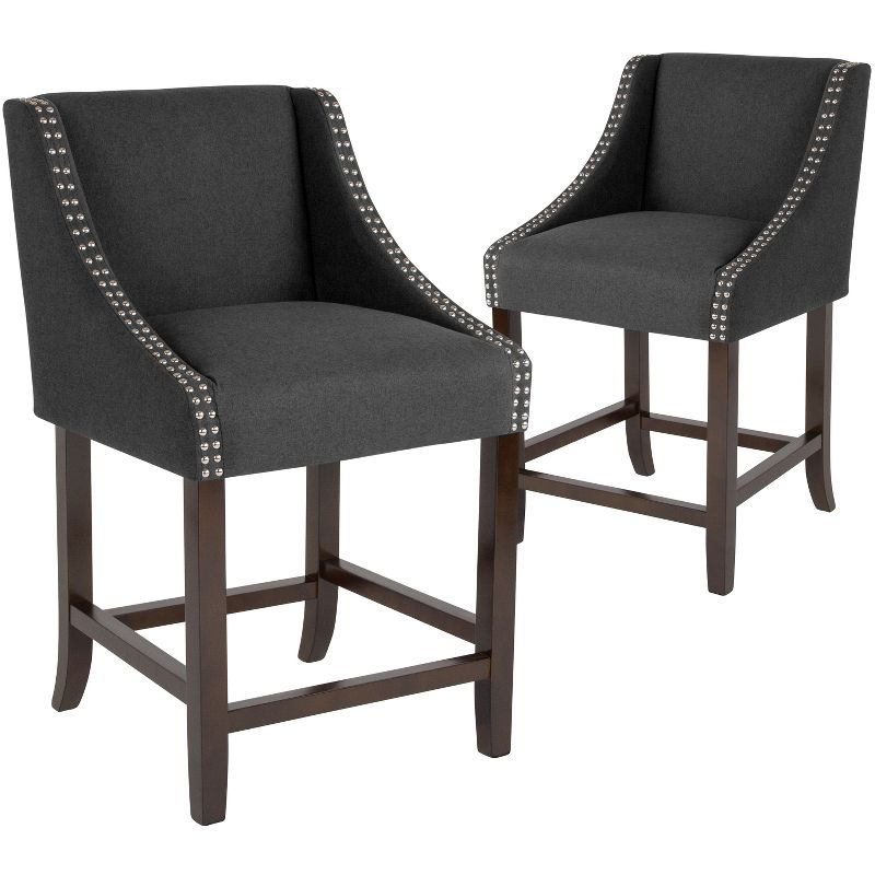 Flash Furniture Carmel Series 24" High Transitional Walnut Counter Height Stool with Nail Trim in Charcoal Fabric, Set of 2