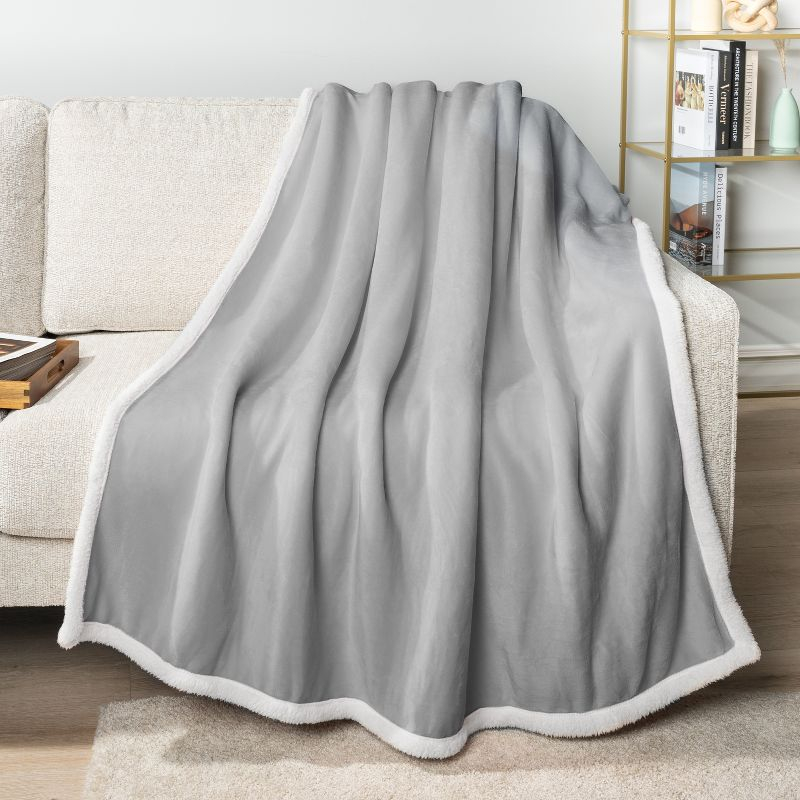 PAVILIA Premium Faux Shearling Fleece Throw Blanket for Bed, Reversible Warm Blanket for Couch Sofa, Light Gray/Throw - 50x60