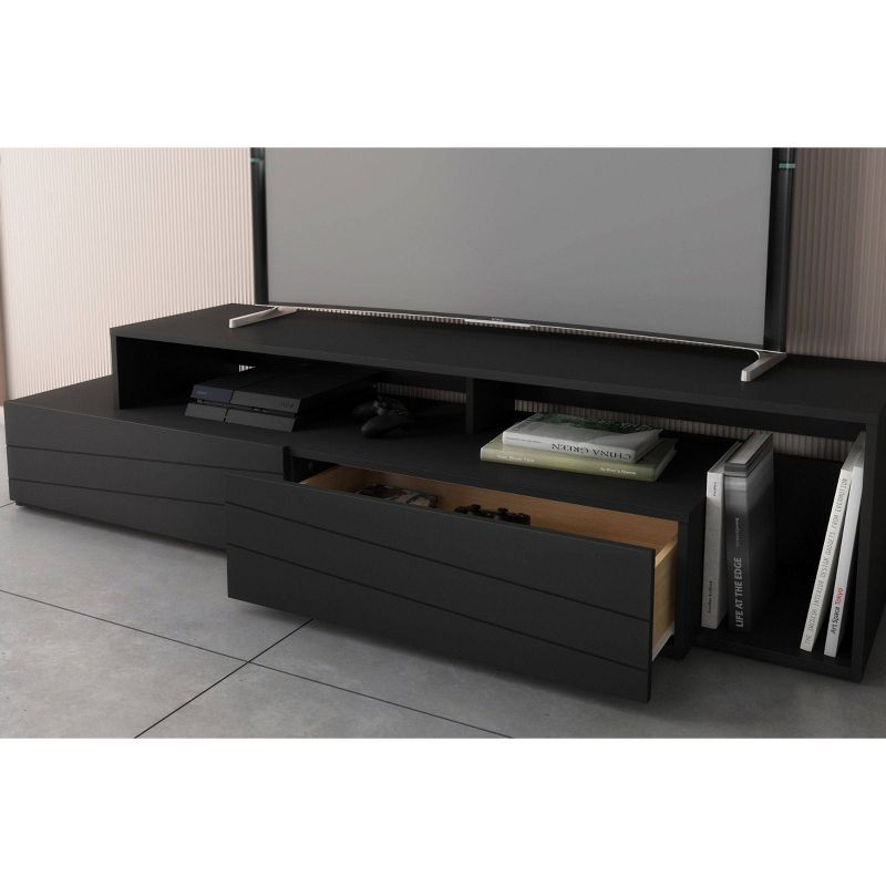 Tonik TV Stand for TVs up to 80" Black - Nexera: Modern Console with Drawers, Melamine Finish, Wood Composite