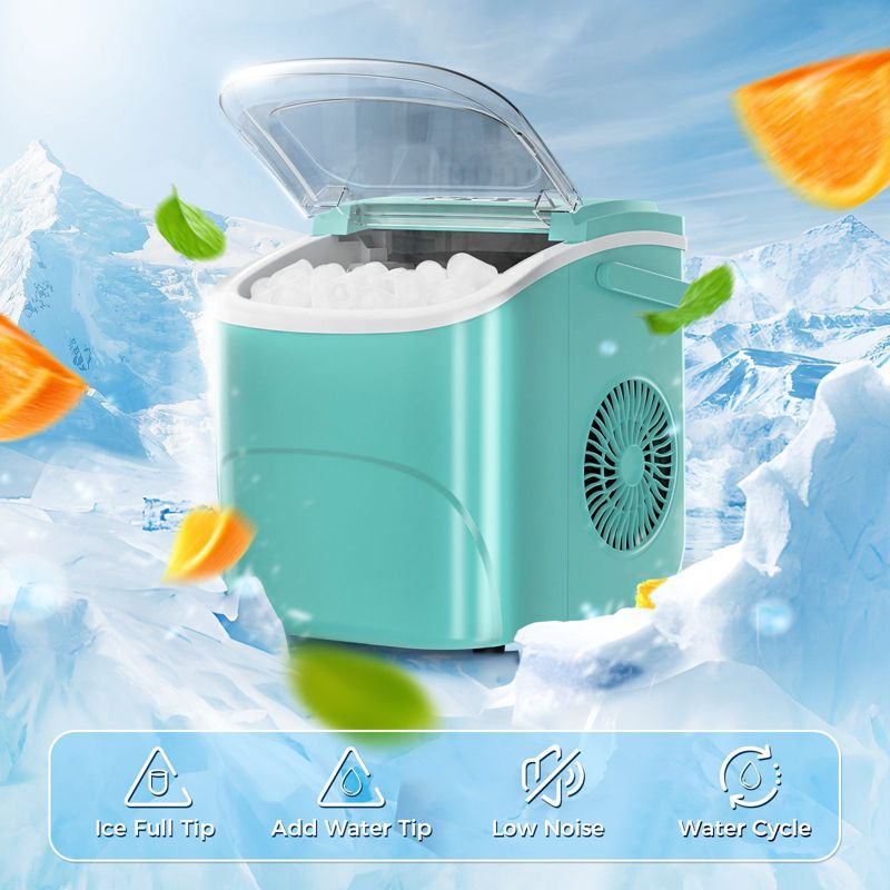 R.W.FLAME Ice Makers Countertop with Handle,26.5Lbs/24H,9 Cubes in 6 Mins,2 Sizes of Bullet Ice,Portable Ice Maker Machine with Self-Cleaning, green